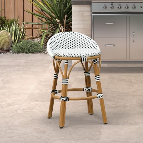 Image of PURPLE LEAF Patio Oversized Backrest Counter Height Stool Set of 1 Outdoor Round Barstools Aluminum Frame in Bamboo Finish Woven Rattan for Indoor Kitchen Dining Bistros Cafe Restaurant White