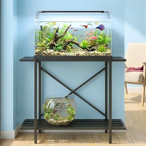 Image of ecofynd 2-Tier Fish Tank Stand, Double-Layer Aquarium Stand with Adjustable Table Feet, Heavy Metal Storage Rack Suitable for Home and Office, (Black, FS-PS049)