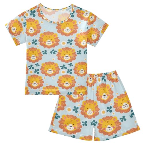 ALAZA Cute Lion Blossom Leaf Pajamas Set Short Sleeve Cotton Sleepwear Summer Pjs 2 Piece 5-14Y