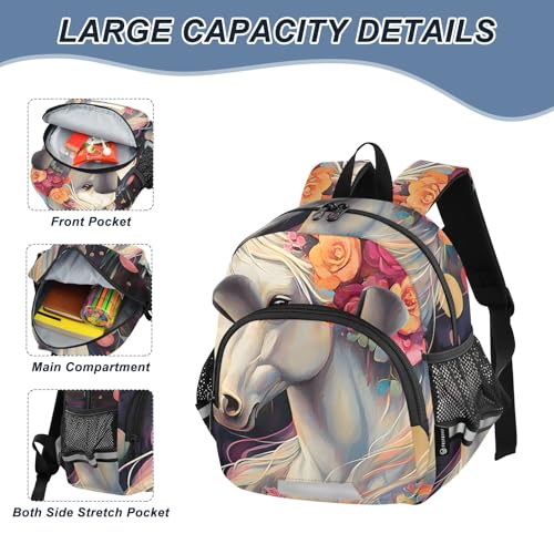 Kid's Backpack for Boys & Girls Toddler Bag Flower Horse Backpack with Safety Leash4