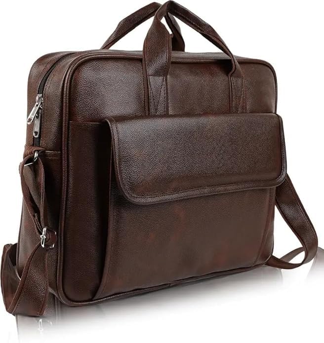 Image of Faux Leather Office Laptop Bag for Men - 15.6 Inch Briefcase Messenger Bag with Shoulder Strap | Professional Business Travel Bag with Front Pocket & Handle
