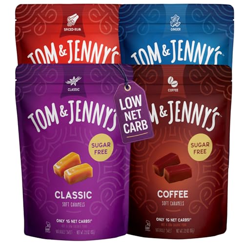 Tom & Jenny's Sugar Free Candy (Soft Caramel) with Sea Salt and Vanilla - Low Net Carb Keto Candy - with Allulose and Maltitol - (Flavor Variety Pack, 4-pack)