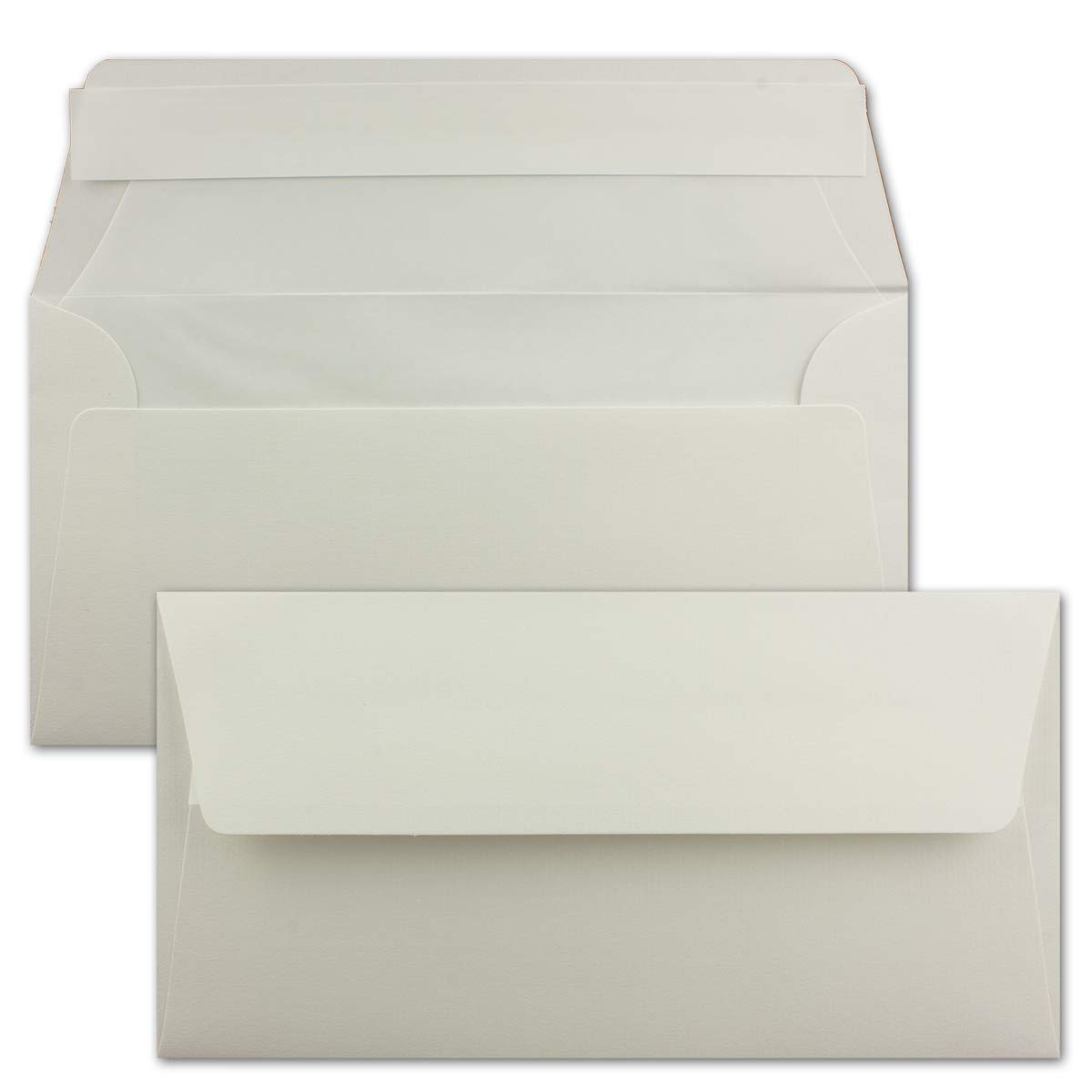 250 x koperty DIN długie 11 x 22 cm prążkowane w kolorze białym z podszewką z białego papieru jedwabnego 110 g/m² samoprzylepne