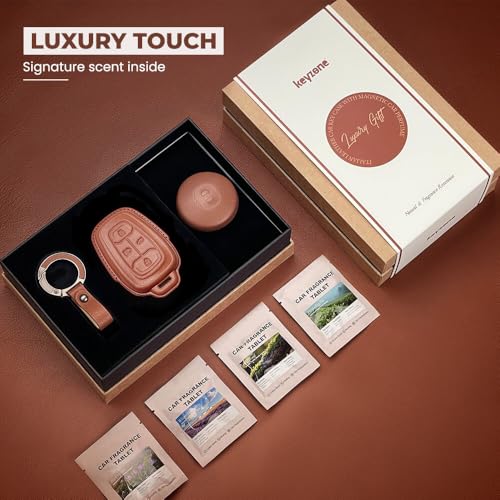 Image of Keyzone Premium Leather Key Cover & AC Vent Car Perfume Combo (4 Fragrances) | Compatible for Tata Nexon, Harrier, Safari, Altroz, Punch, Tigor 4 Button Smart Key. (Brown)