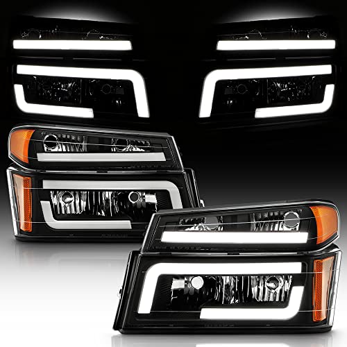 ACANII - For 2004-2012 Chevy Colorado GMC Canyon Black LED Tube Headlights Headlamps w/Signal Lamps [4PC Set] Left+Right