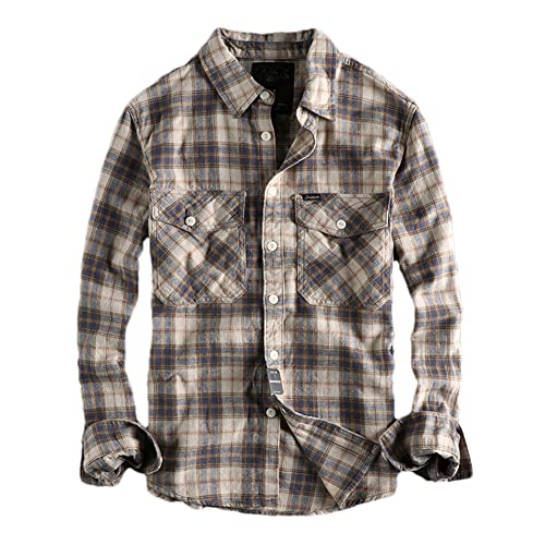 Chemise rétro à carreaux en flanelle kaki pour homme taille S