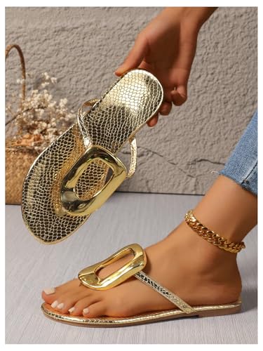 Image of GORGLITTER Women's Gold Flip Flops Square Toe Summer Sandals 2026 Wedding Dressy Vacation Beach Slides Shoes