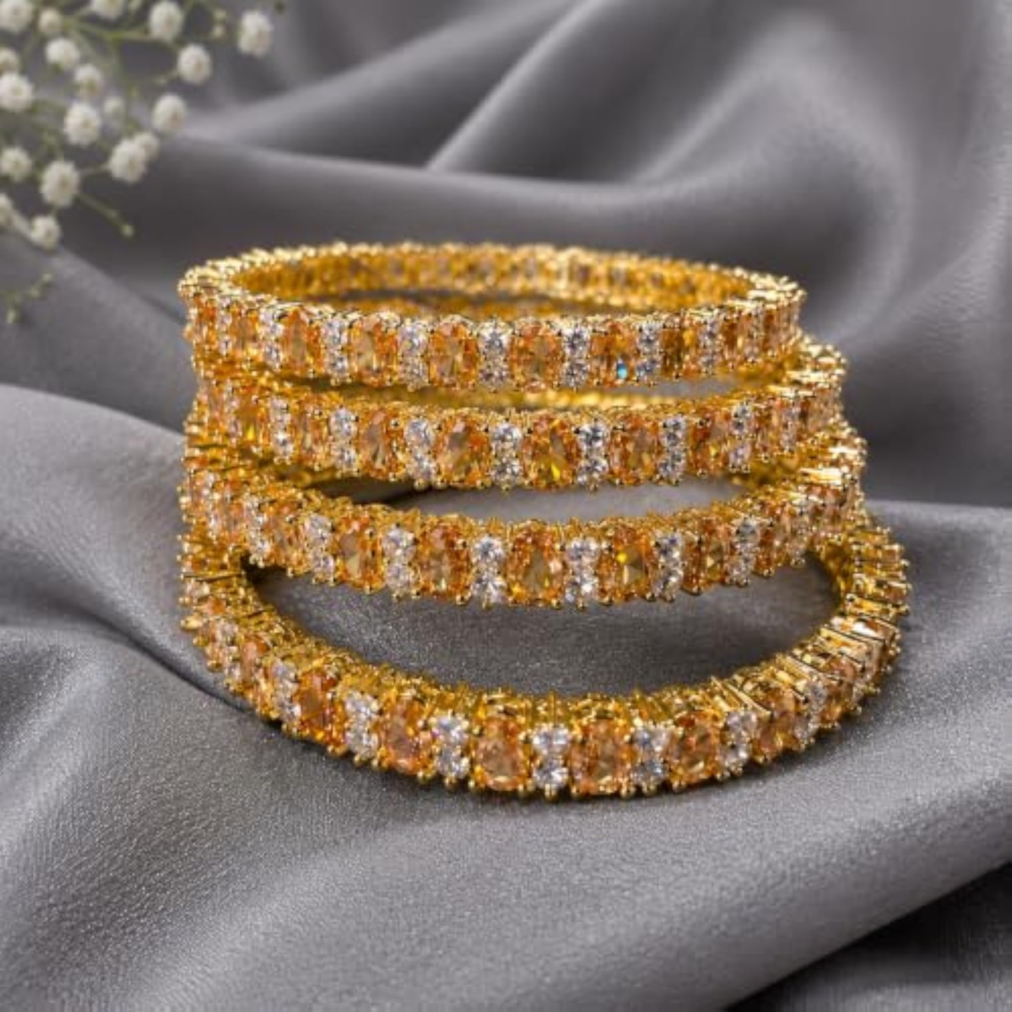 Dazzling Mint Yellow Stone Gold Finish Bangles Set