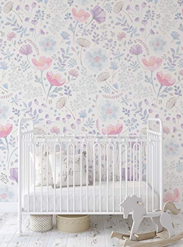 Simple Shapes Whimsy Floral Watercolor Mural Wall Art Wallpaper - Peel And Stick (2 Sheet Pack (2X8 Feet), Pink Purple) #TOP1