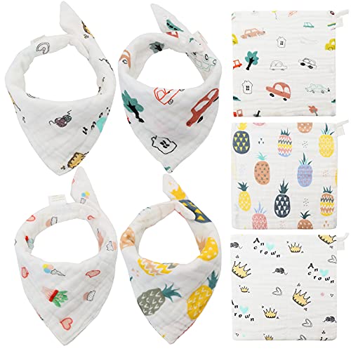 Image of LAOEOR 7 Pack Muslin Baby Bibs and Washcloths Set, Natural Cotton Baby Bandana Bibs and Towel Set,Baby Registry Must Haves