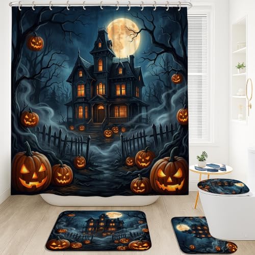 Rideau de douche et tapis Halloween en polyester imperméable pour salle de bain