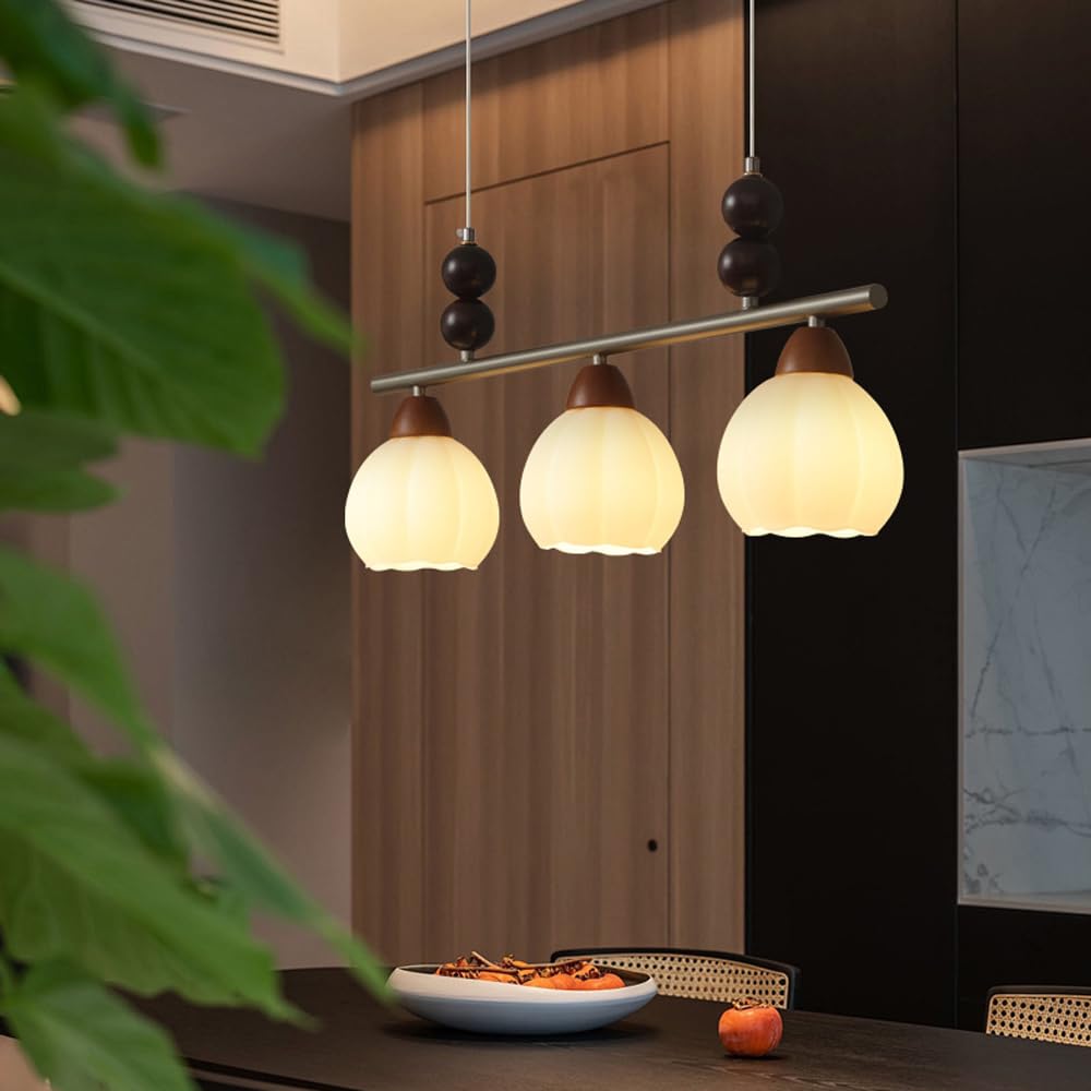 Dario in Vetro per Tavolo da Pranzo, da a Sospensione lineare Color Noce, Dario da soffitto in Stile Fattoria con Kit di Illuminazione per Dario E14 in Nichel sabbiato.