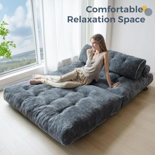Image of MAXYOYO Folding Sofa Bed, Convertible Chair Bed with Pillow | Foldable Couch with Back Support, Portable Fold Out Chair Comfy Floor Sofa for Living Room Bedroom, Dark Grey, Double