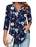 Zeagoo Women's Tunic Tops 3/4 Length Sleeves Shirts V Neck Business Work Navy Blue Floral XXL