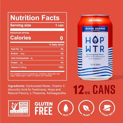 image for HOP WTR Sparkling Hop Water Blood Orange 12 Pack, Sugar Free, Low Carb
