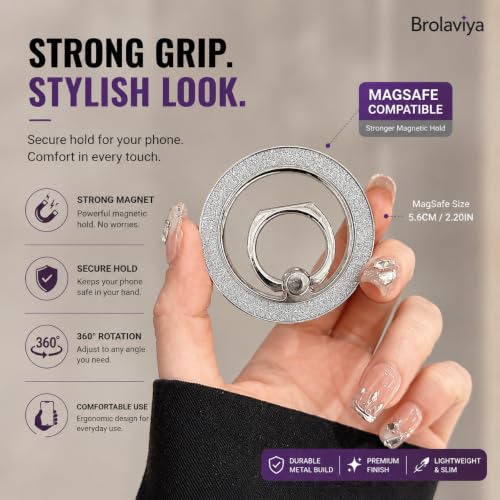 Image of BROLAVIYA Magnetic Phone Ring Holder Grip, Ultra Slim Metal Finger Ring Stand with 360 Rotation, Strong Magnet, Kickstand for iPhone 16 /15 /14 /13 /12 Series & Magnetic Compatible Cases, Silver