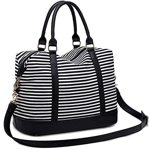 CAMTOP Women Ladies Weekender Travel Bag Canvas Overnight Carry-on Duffel Tote Luggage (Stripe -Black)