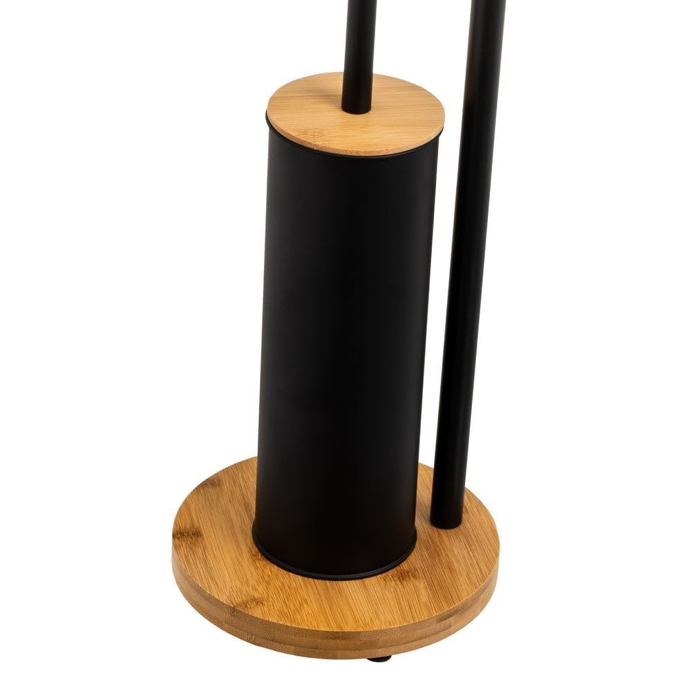 Portarrollos Redondo de Metal Negro y Base de bambú con escobilla 73cm | Soporte de pie para papel higiénico y escobillero sin taladro. Muy cómodo y moderno.