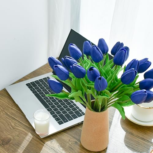 Image of ONLY ART Artificial Royal Blue Tulips 20 Pcs - 13.5 Inch PU Faux Flowers with Bendable Stems for Home Decor, Wedding Centerpieces, DIY Floral Arrangements, New Year and Valentine's Day