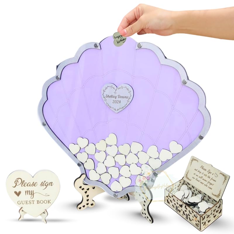 Handcrafted Seashell Guestbook, Tropical Drop Box Guestbook Alternative with Wooden Heart Shape, Personalized Mussel Shell Wedding Guest Book