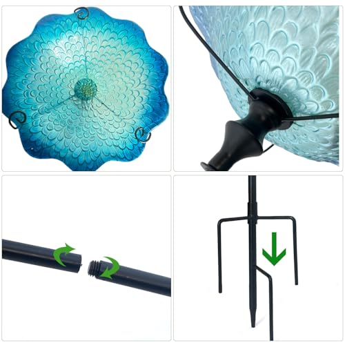 Image of HONGLAND Bird Baths for Outside,11 inch Small Blue Glass Birdbaths Outdoor,Detachable Bird Feeder with Metal Stake for Garden Yard Patio Decor,30 inch Height