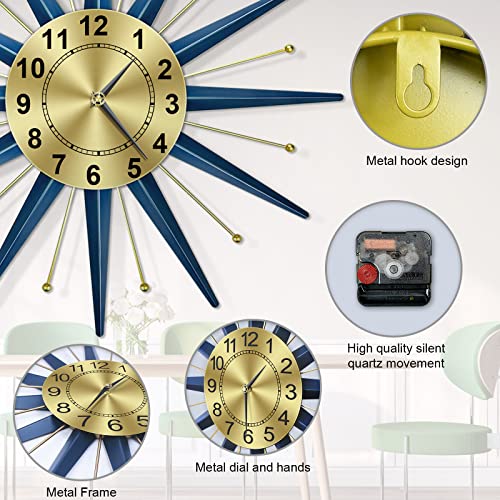Toktekk 24 Inch Mid Century Starburst Wall Clock, Battery Operated Large Metal Decorative Wall Clock, Modern Silent Wall Clock For Living Room Bedroom Kitchen Decor(Blue) #TOP2