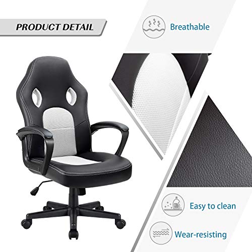 Image of Furmax Office Chair Desk Leather Gaming Chair, High Back Ergonomic Adjustable Racing Chair,Task Swivel Executive Computer Chair Headrest and Lumbar Support (White)