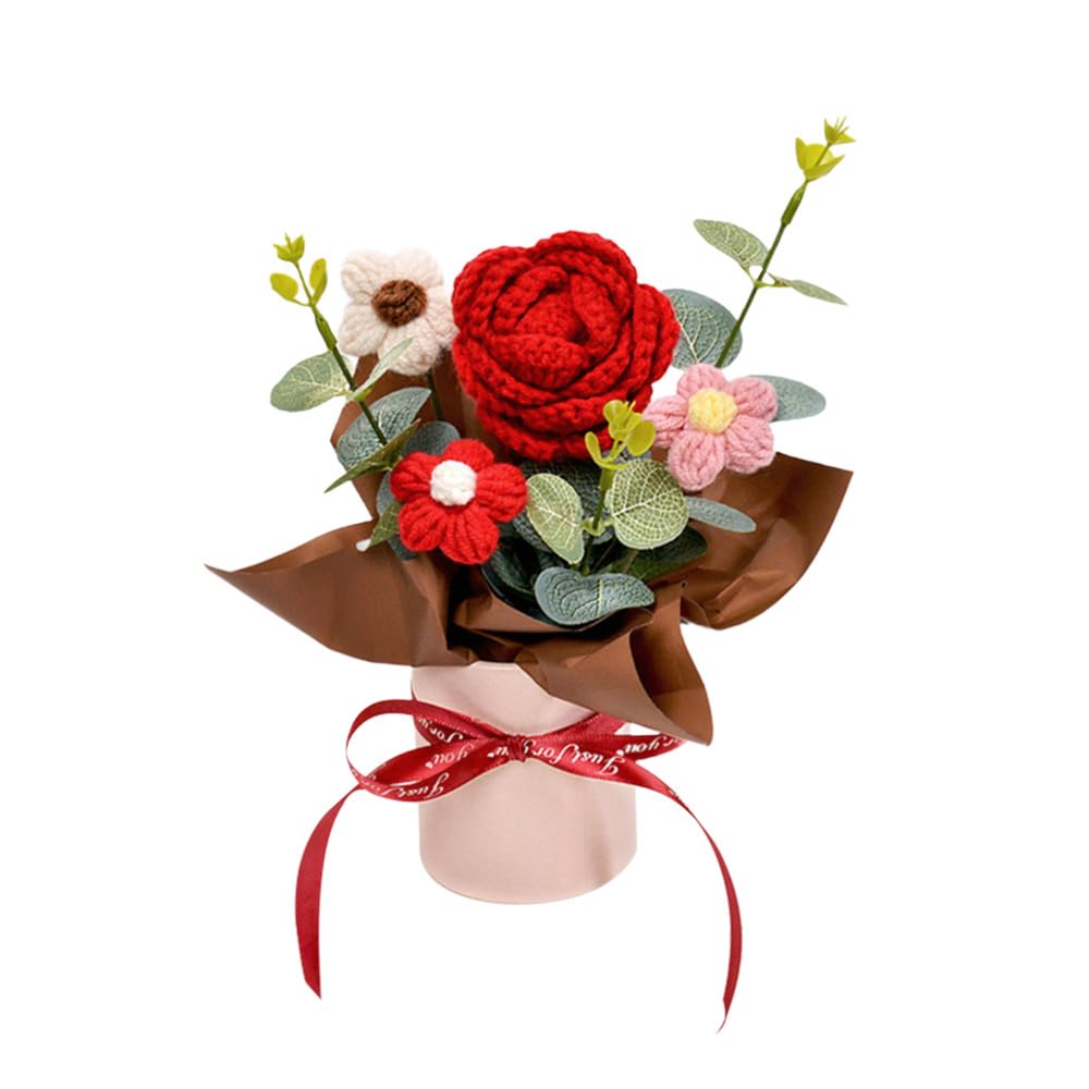 suyakota Crochet Medium Rose Flower Bouquet: Handmade Knitted Bouquet for Mother's Day Birthday Home Decor Girlfriend Wedding Grandma Bday Gift (Red)