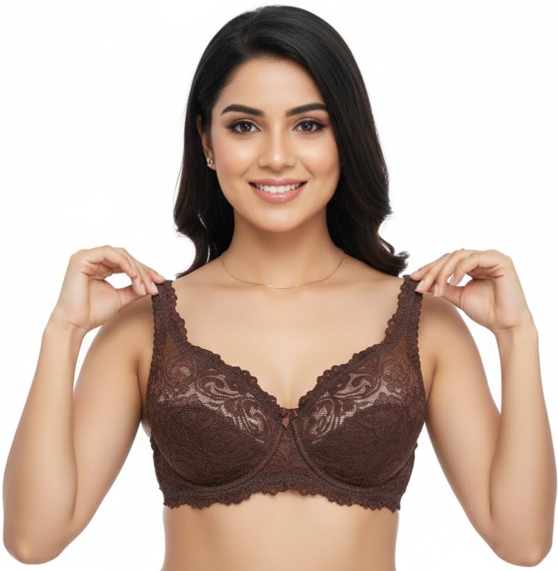 Image of Women's High-Support Lace Bra, Non-Padded, Unlined, Full Coverage, Lingerie