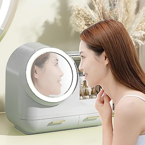 Miniatura 5 de HURRISE Estuche de maquillaje con ventilador de espejo, organizador de maquillaje portátil con espejo y luz LED, vitrina de almacenamiento de