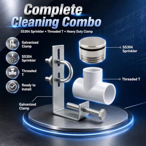 Image of Stainless Steel Solar Panel Cleaning Sprinkler Combo Kit (1 Sprinkler, 1 Threaded T, 1 Galvanized Clamp) | 180 Water Spray | 4-7 LPM Flow Rate | 1 /2 Inch BSP Thread | Solar Panel Washing System