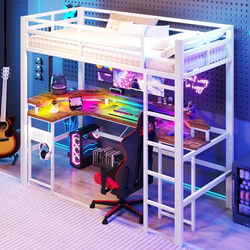 Huayz Cama alta de 90 x 200 cm con barra de luz LED, cuna con puerto USB + conector tipo C, litera con escritorio y pared perforada, marco de hierro, sin colchón (blanco, 90 x 200 cm)