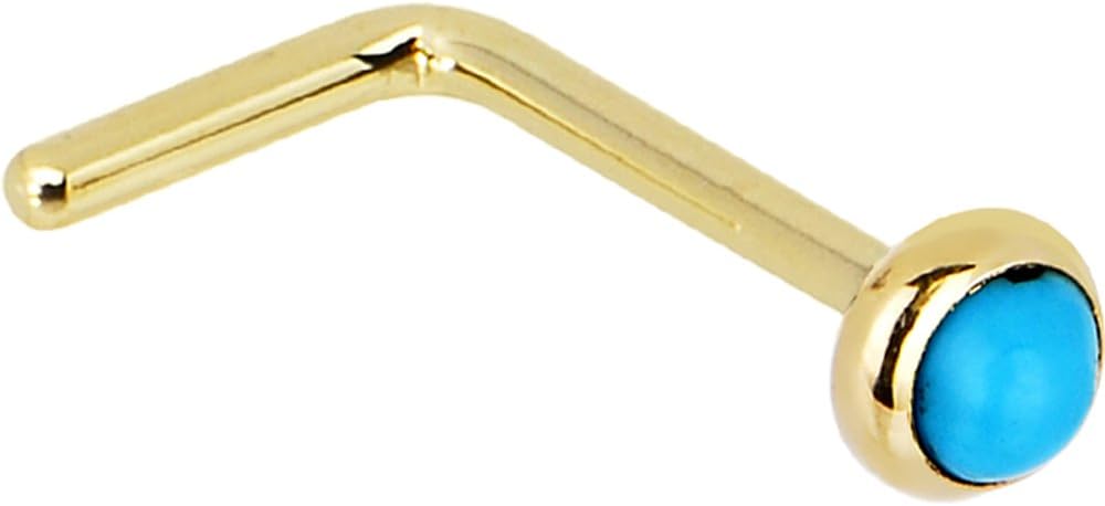 Body Candy Solid 14k Yellow Gold 2mm Turquoise L Shaped Nose Stud Ring 20 Gauge 1/4"