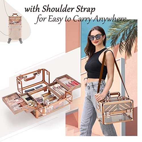 Yueieoun 3 In 1 Rolling Makeup Train Case Cosmetology Case On Wheels Acrylic Sturdy Makeup Trolley For Makeup Artists, Hairstylists, Nail Tech Kits Barber Salon Cosmetic Travel Case Rose Gold #TOP7