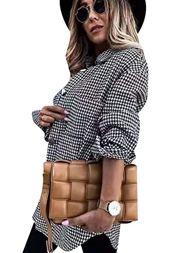 YMING Blusa A Cuadros De Manga Larga para Mujer Chaqueta A Cuadros Vintage Chaqueta con Botones Chaqueta De Transición Sobrecamisa Larga E-Pata De Gallo S