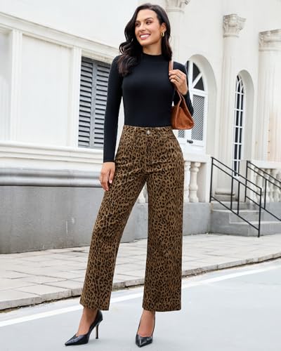 luvamia Wide Leg Jeans Woman Trendy High Waisted Leopard Cheetah Print Ankle Length Stretchy Denim Pants with Pockets