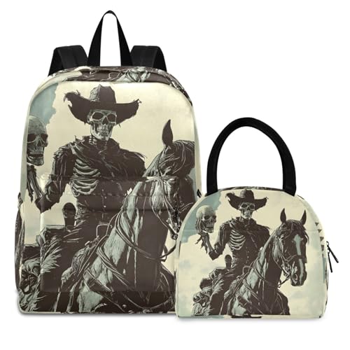 Backpack Lunch Box Set Large Capacity Travel Backpacks and Insulated Lunch Bag for Commute Hiking Picnic Vintage Skull Cowboy Print