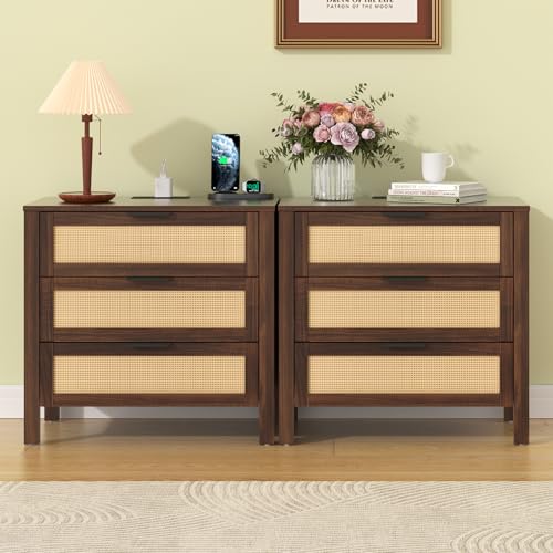 HOMMPA Rattan Night Stand with Charger Station Set of 2, 26'' Wide Boho Nightstand with 3 Drawer, Modern Bedside Table with Plug, Bed Side End Table Dresser with Open Shelf for Bedroom, Walnut - image 9