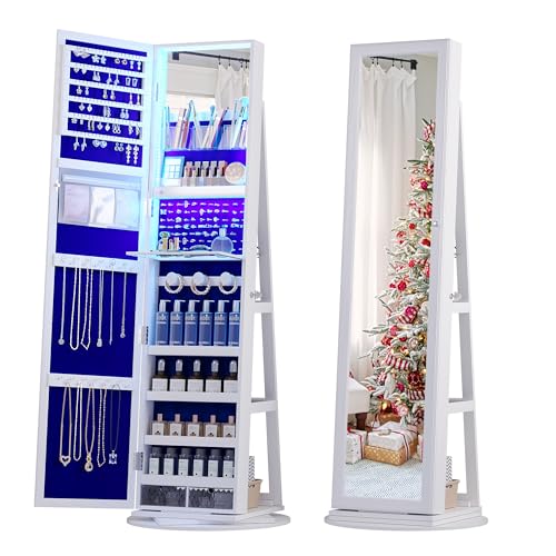 HNEBC LED Light Jewelry Organizer Mirror 360° Rotating, Jewelry Armoire with Door Mirror, Full Length Mirror Jewelry Cabinet, Mirror with Jewelry Storage, Large Jewelry Boxes & Organizers（B_