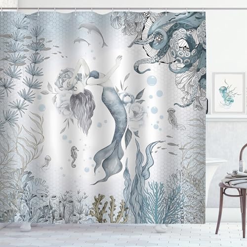 ZCHOMI Mermaid Shower Curtain Octopus Coral Fish Teal and Blue Sea Ocean Bathroom Curtains Waterproof Polyester Fabric Bath Curtain 72 x 72 Inch with 12 Hooks