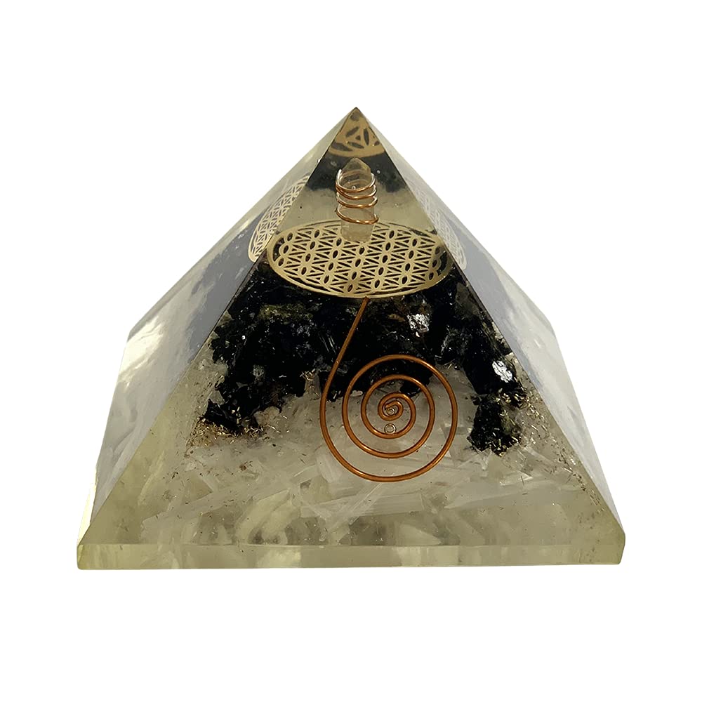 VIE Orgone Reiki Healing Pyramid, Black Tourmaline & Selenite, 7.5cm