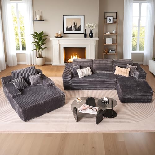 Image of HOOOWOOO Cloud Sectional Couches for Living Room,Modular Sectional Sofa No Assembly,Plush Corduroy Large Floor Couch Furniture Set with Deep Seat Right L Shape and Chaise Lounge(Gray)