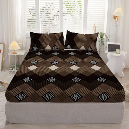 Image of DECOMIZER Cotton Feel All Around Elastic Fitted Glace Printed Single Bed Bedsheet with 1 Large Pillow Cover Fits Upto Mattress of 6 Inches,Size - 42 x 75 x 8 Inches, Beige Coffee Box