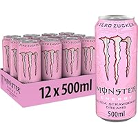 Monster Energy Ultra Strawberry Dreams - koffeinhaltiger Energy-Drink mit süßlich-saurem Erdbeer-Geschmack - ohne Zucker, ohne Kalorien - in praktischen Einweg Dosen (12 x 500 ml)