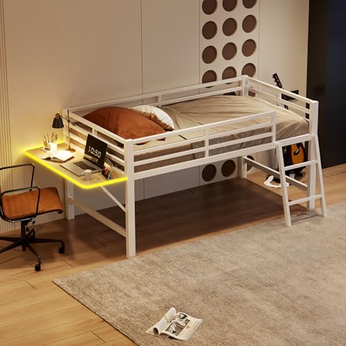 Kinderbett Halbhohes Bett Metallbett 90x200 cm, Etagenbett Hochbett mit Leiter&Schreibtisch mit LED-Lichtband, Einzelbett Stockbett Bettgestell mit Rausfallschutz&Lattenrost, Ohne Matratze, Weiß