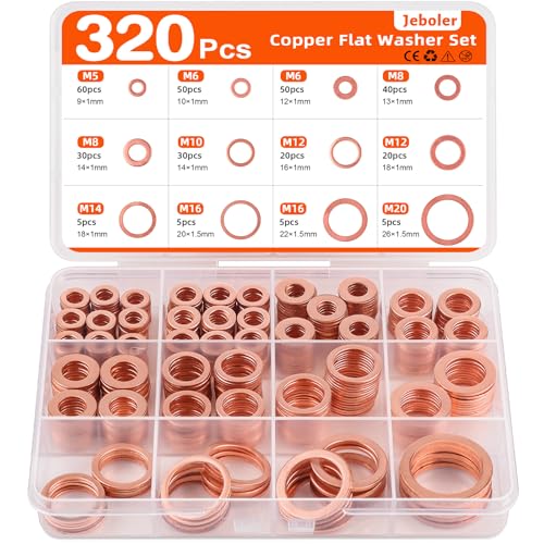 320 Stück Kupferdichtringe Sortiment Jeboler Kupferdichtringe Kupfer Dichtungsringe Set Kupferdichtringen Kupferringe Sortiment M5 M6 M8 M10 M12 M14 M16 M20 Kupferdichtung für Kraftstoffzubehör