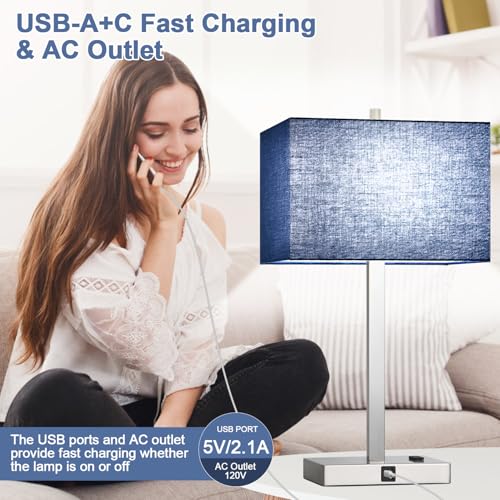 Image of Lynnoland 21 inch Set of 2 Table lamp with USB A+C & AC Outlets, Touch Control 3-Way Dimmable Nightstand Lamps for Bedroom Living Room Office Reading, Blue Shade Touch Lamps, 5000K LED Bulbs Included