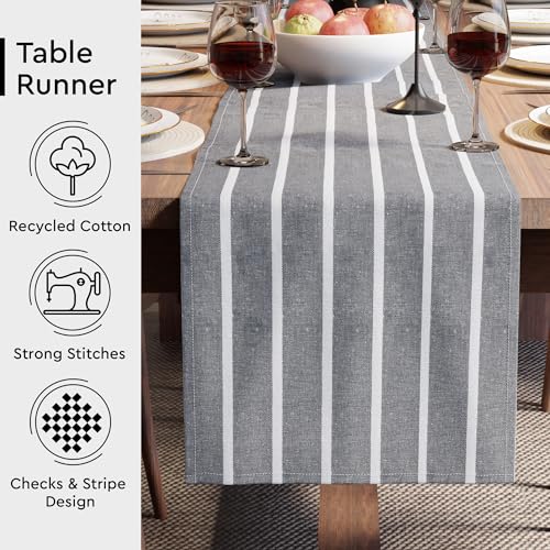 Image of Encasa XO Cotton Table Runner for 4 to 6 Seater | Size 13x72 in | Roma Grey Stripes - Machine Washable & Durable