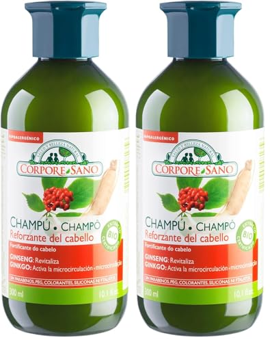 Corpore Sano - Champú Reforzante, Cabello Débil, Ingredientes Naturales, con Ginseng y Ginkgo de Cultivo Bio Certificado, Hipoalargénico y Vegano, Sin Parabenos, Colorantes ni Siliconas, 300ml