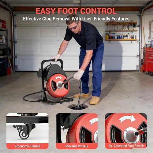 Image of Garvee 50FTx1 /2 Inch Drain Cleaner Machine with Wheels, Sewer Snake Electric Drain for 2 inch to 4 inch Pipes, Plumbing Snake Auger Cleaner with 6 Cutter & Foot Switch for Sewer, Sink, Toilet, Bathroom